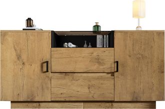 STILVORA Aparador Con 2 Cajones, 2 Armarios Y Hueco Abierto, Cristal Esg Tintado, Estilo Moderno, 140&times;40&times;70 Cm, Roble Claro
