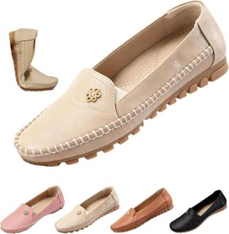 Generic Orthopedic Leather Shoes, Lightweight, Anti-Slip, Breathable for Women Fashion Slip On Stitched Flat-Soled Casual Soft Leather Loafers with Flower (Be