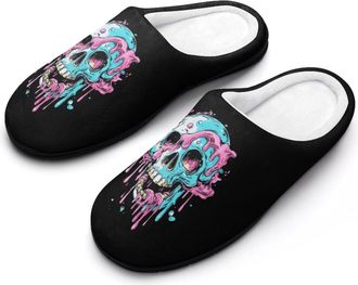 Generic Dripping Trans Pride Skull Transgender Cotton Slippers for Women Memory Foam Comfy House Shoes with Anti-Skid Rubber Sole