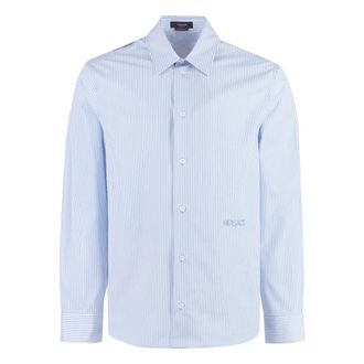 Versace Casual Shirts, male, Blue, Size: L Seashell Baroque Polka Dot Cotton Poplin Shirt