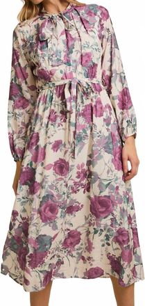 Gilli Front Bow Tie Long Sleeve Print Midi Dress In Cream/mauve Floral
