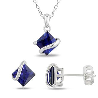 Amour 3 3/4 CT TGW Square Created Blue Sapphire Wave Pendant with Chain and Stud Earrings 2-piece Set In Sterling Silver