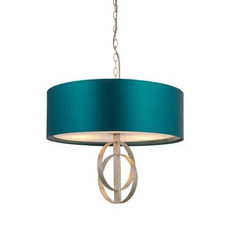 Loops Antique Silver Ceiling Pendant Light & Teal Satin Shade - 3 Bulb Hanging Fitting in Metallics