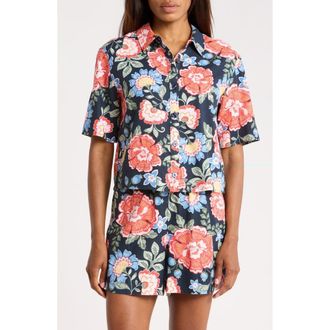 Ellen Tracy Floral Short Sleeve Crop Button-Up Shirt in Navy Summer Bloom at Nordstrom Rack, Size X-Small