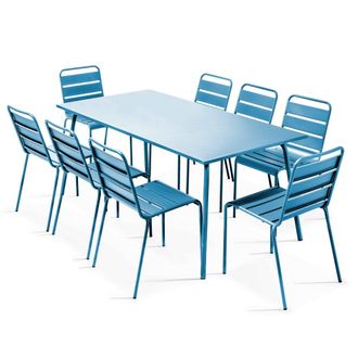 Oviala Conjunto mesa de jard&iacute;n y 8 sillas de metal azul pac&iacute;fico