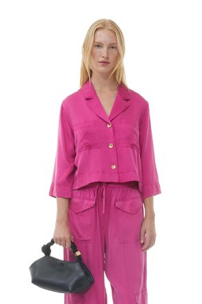 Ganni Pink Washed Satin Crop Shirt - Size 10/12 LENZING&acirc;&cent; ECOVERO&acirc;&cent;