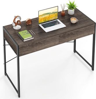 Costway Computer Desk Compact Writing Desk with 2 Drawers-Gray