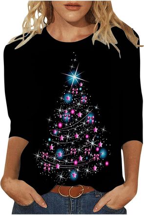 Generic Womens Christmas T Shirts UK 2025 Fashion 3/4 Sleeve Crewneck Tops Loose Fit Xmas Santa Tree Wine Snowflake Graphic Print Blouse Holiday Cute Tshirts