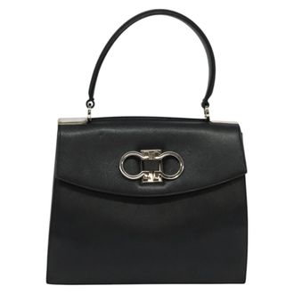 Ferragamo Double Gancini Top Handle Bag Saffiano Leather Black Leather Handbag (Pre-Owned)