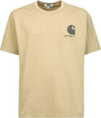 Junya Watanabe Logo Bedrukt T-Shirt met Ronde Hals - Heren - T-shirts - Beige - L - Katoen - Tops