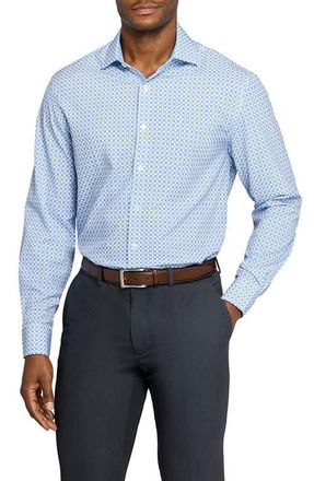 W.R.K Slim Fit Blue Geometric Print Performance Dress Shirt in White/Blue at Nordstrom, Size 16.5 - R