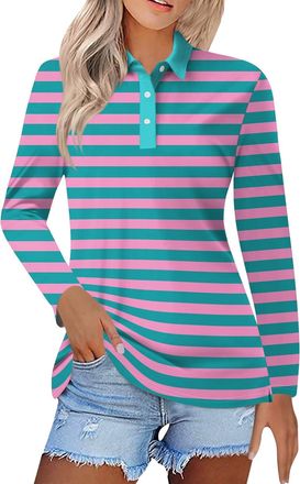 Generic Striped Golf Shirts for Women Oversized Long Sleeve Lapel Casual Premium Cotton Pique Polo Shirts Collared Work Shirts Tops Regular Fit Stretch Breath