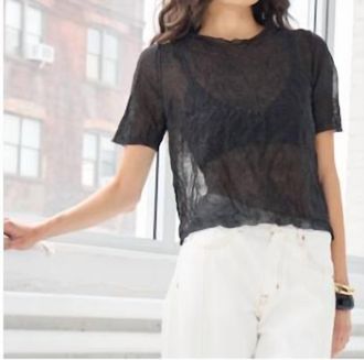 Autumn Cashmere Crushed Short Sleeve Silk Crew Top In Black