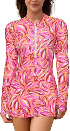 SHEKINI Womens One Piece Rash Guard Thumb Holes Long Sleeve 1/4 Zip up Swimsuit UPF 50+ Bathing Suit Pockets Swimdress Surfing Swimming Costume with Shorts, P