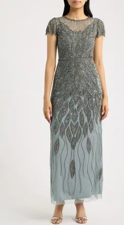 Pisarro Nights Beaded Cap Sleeve Column Gown in Teal 401 at Nordstrom, Size 14