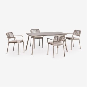 Sklum Set De Mesa Rectangular 160x90 Cm Y 4 Sillas De Comedor Apilables En Cuerda Trenzada Arhiza Sklum