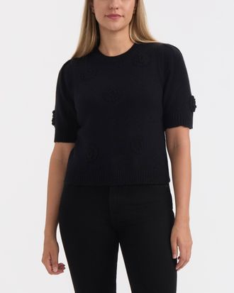 Ellen Tracy Womens Short Sleeve Sweater with Crochet Flowers