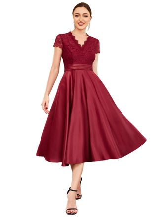 Ever-pretty Womens Elegant Lace A Line Empire Waist Midi Length Evening Gowns Dresses Burgundy 20UK