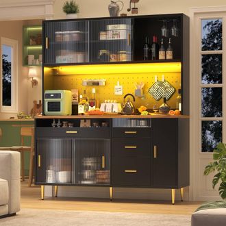 Merax Black Highboard Cabinet Kitchen Dresser with LED & Glass Doors