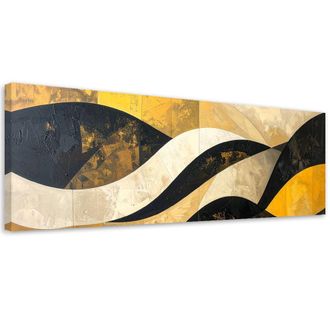 Feeby Cuadro En Lienzo, Abstracci&oacute;n L&iacute;neas Formas Amarillo Negro Dorado, 120x40