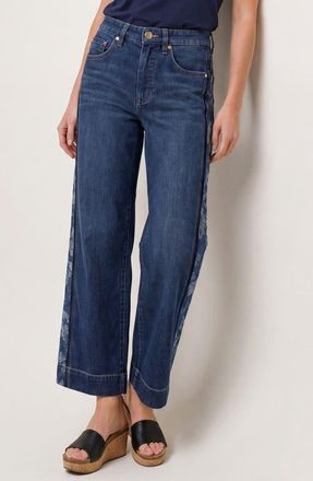 Liverpool Stride Floral Side Stripe Ankle Wide Leg Jeans in Indigo Gardens at Nordstrom, Size 10