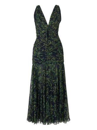 Carolina Herrera olive branch-print gathered midi dress - Blue
