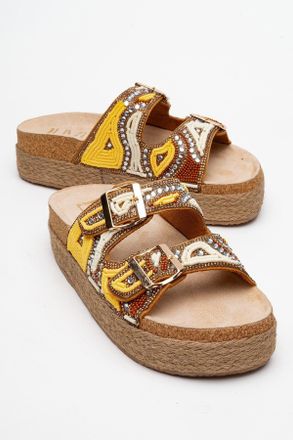 Prologue Bobby Beaded Straw Platform Slide Sandaal