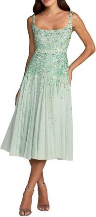 Mac Duggal Beaded Mesh Square Neck Sleeveless Midi Dress in Seafoam Multi at Nordstrom, Size 10
