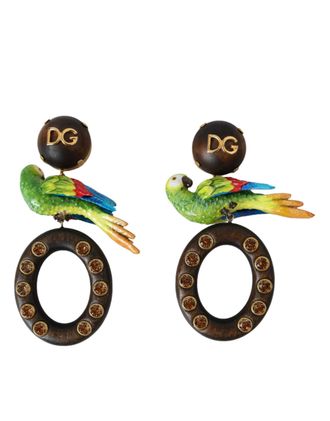 Dolce & Gabbana Womens Multicolor Parrot Wood Brass Crystal Embellished Earrings Resin Real Glass
