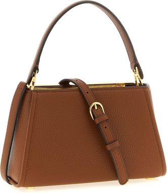 Elisabetta Franchi Gold-Logo Hammered Leather Top Handle Bag - Brown