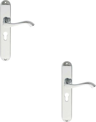 Loops 2x PAIR Curved Lever on Long Slim Euro Lock Backplate 241 x 40mm Polished Chrome