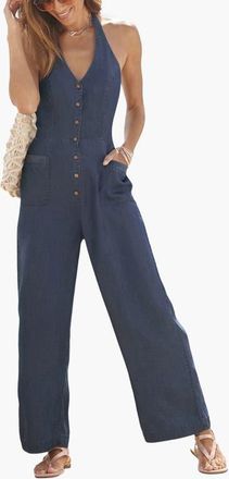 Lascana Denim Look Halterneck Jumpsuit in Blue at Nordstrom, Size 12