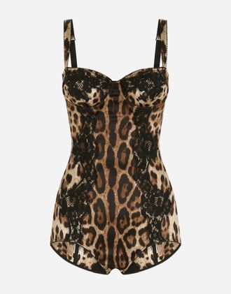 Dolce & Gabbana Silk Balconette Lingerie Bodysuit With Leopard-print Lace Details - Woman Underwear Animal Print Cotton 1b