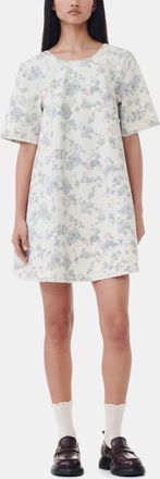 Ganni Beige Floral Printed Denim Open Back Mini Dress - Size 32 Organic Cotton