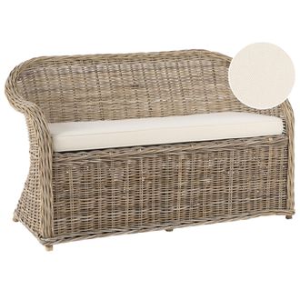 Beliani Banco Boho Para Jard&iacute;n Interior Y Exterior 141 Cm Rat&aacute;n Cojines De Tela Blanco Crema Natural Susua