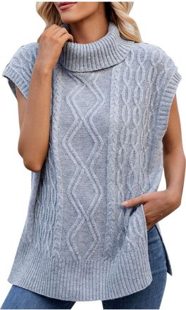 Generic Sleeveless Jumpers for Women Plain Turtleneck Ladies Cable Knit Vest Stylsih Diamond Pattern Side Split Womens Knitted Tank Tops Autumn Winter Loose F