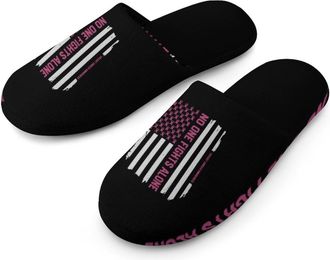Generic Patriotic U.S.A Flag Breast Cancer Awareness Mens Cozy House Slippers Winter Warm Shoes with Anti-Slip Sole for Travel Indoor Outdoor