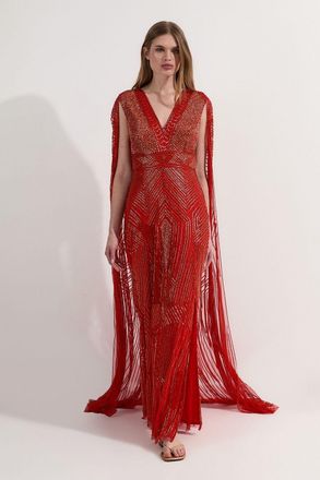 Karen Millen Womens Premium Embellished Caped Maxi Dress - Red - Size 10 UK