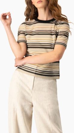 Ivonne Chevron Stripe Crochet Knit Top, Short Sleeve Textured Crew Neck in Beige at Nordstrom, Size 14