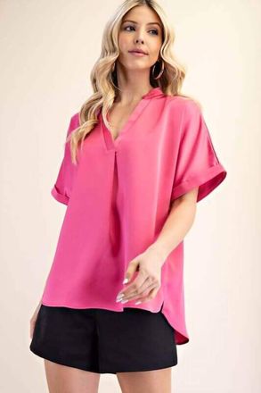 Glam Brit Placket Cuff Sleeve Top In Pink