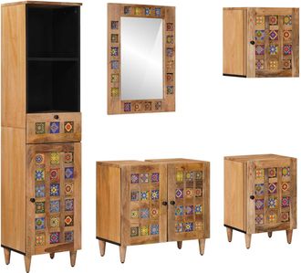 vidaXL Juego De Muebles De Ba&ntilde;o 5 Uds. Natural Madera De Mango Maciza Vidaxl