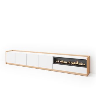 Skraut Home Skraut Home - Mueble Tv, Televisi&oacute;n, 310x37x50cm, Para Tv Hasta 80, Chimenea El&eacute;ctrica, Blanco Y Roble Soft