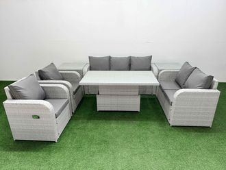 Fimous PE Rattan Garden Furniture Set Reclining Chair Sofa Double Love Seat 2 Seater Sofa Lounge Set Adjustable Lifting Dining or Coffee Table 2 Side