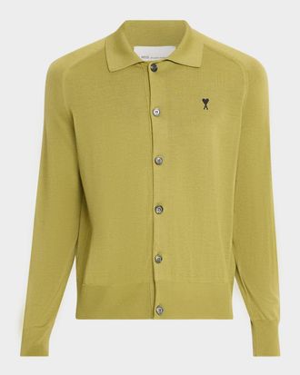 Ami Men & apos;s Embroidered-Logo Wool Knit Cardigan