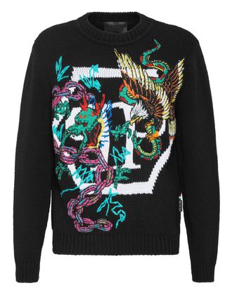 Philipp Plein Wool Cotton Pullover Round Neck LS Tattoo Patches