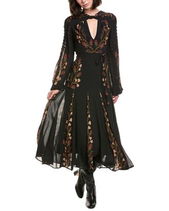 Farm Rio Farm Rio Berry Garden Black Long Sleeve Pleated Maxi Dress