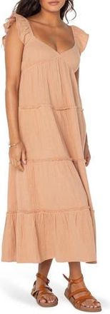 Roxy Palmy Days Tiered Cotton Midi Dress in Praline Solid Stamp at Nordstrom Rack, Size X-Small