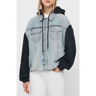 AllSaints Milena Mixed Media Hooded Denim Jacket in Indigo Blue at Nordstrom Rack, Size Medium/large