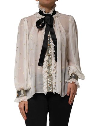 Dolce & Gabbana Womens Ruffle Detail Sheer Blouse - Ivory Silk - Size EU 38 (Womens)