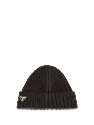 Prada 1HC3902DZL Virgin Wool Ribbed Beanie - Brown